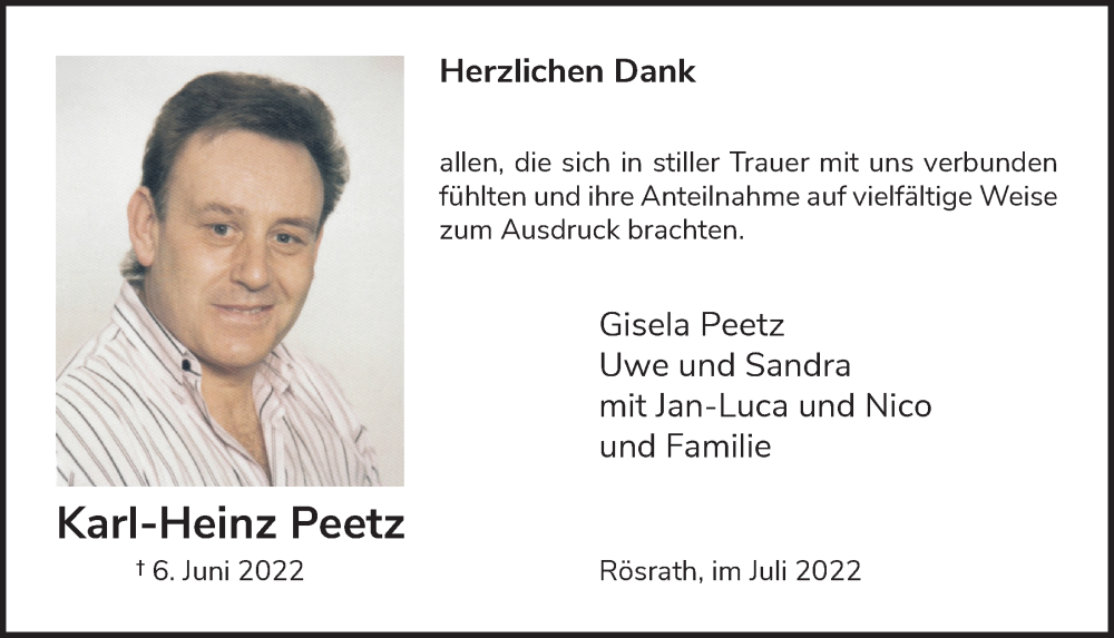  Traueranzeige für Karl-Heinz Peetz vom 15.07.2022 aus  Bergisches Handelsblatt 
