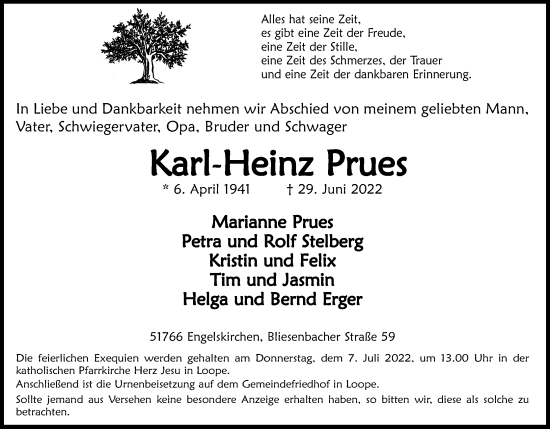 Anzeige von Karl-Heinz Prues von Kölner Stadt-Anzeiger / Kölnische Rundschau / Express