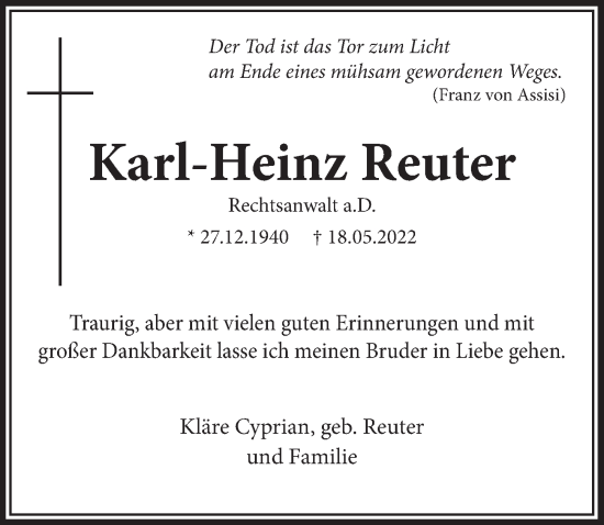 Anzeige von Karl-Heinz Reuter von  Schlossbote/Werbekurier  Werbepost 