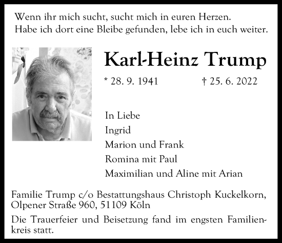 Anzeige von Karl-Heinz Trump von Kölner Stadt-Anzeiger / Kölnische Rundschau / Express