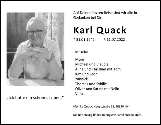 Anzeige von Karl Quack von Kölner Stadt-Anzeiger / Kölnische Rundschau / Express