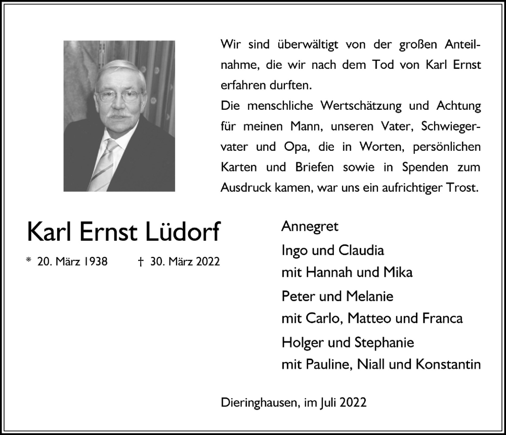  Traueranzeige für Karl Ernst Lüdorf vom 15.07.2022 aus  Anzeigen Echo 