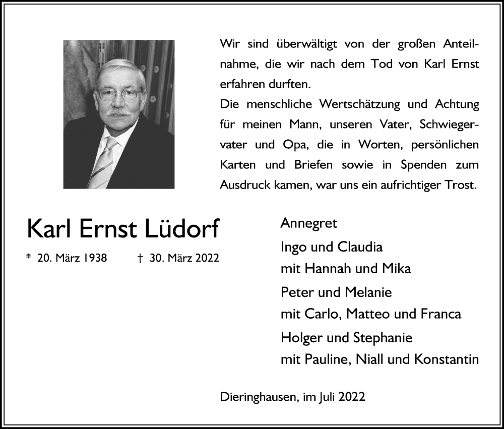  Traueranzeige für Karl Ernst Lüdorf vom 15.07.2022 aus Kölner Stadt-Anzeiger / Kölnische Rundschau / Express