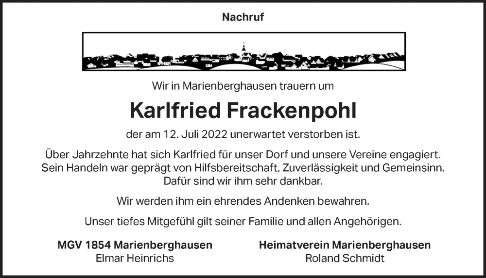  Traueranzeige für Karlfried Frackenpohl vom 29.07.2022 aus  Lokalanzeiger 