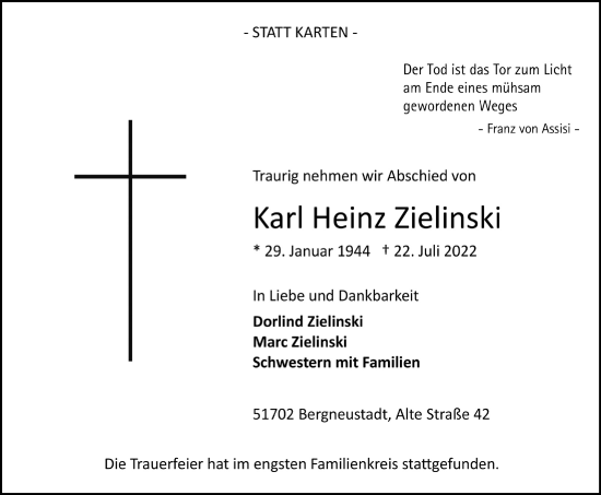 Anzeige von Karl Heinz Zielinski von  Anzeigen Echo 