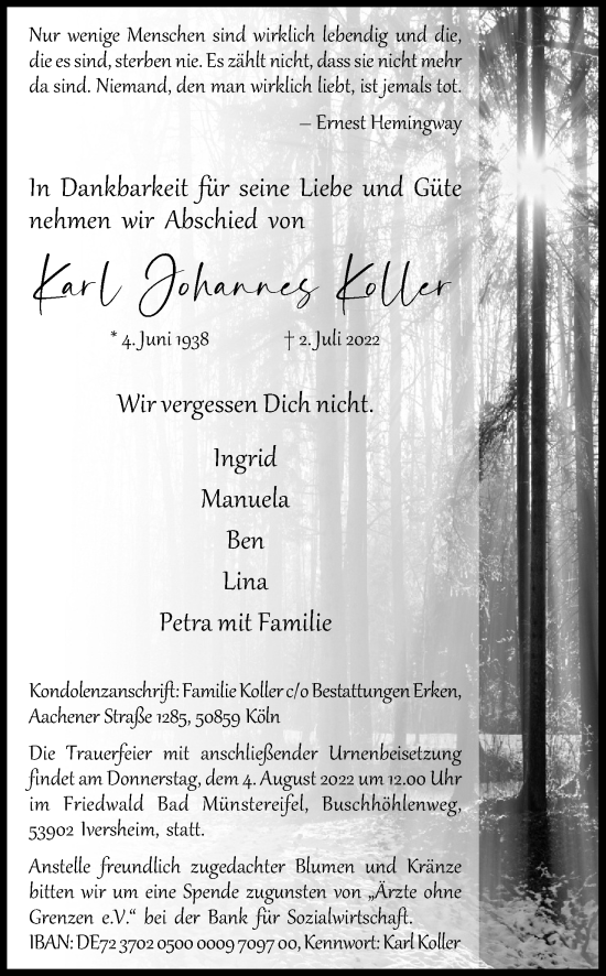 Anzeige von Karl Johannes Koller von Kölner Stadt-Anzeiger / Kölnische Rundschau / Express
