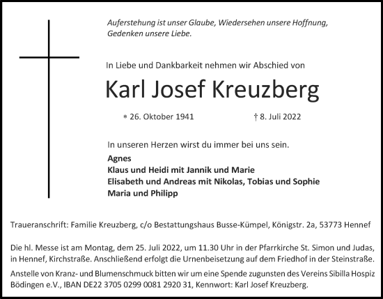 Anzeige von Karl Josef Kreuzberg von Kölner Stadt-Anzeiger / Kölnische Rundschau / Express