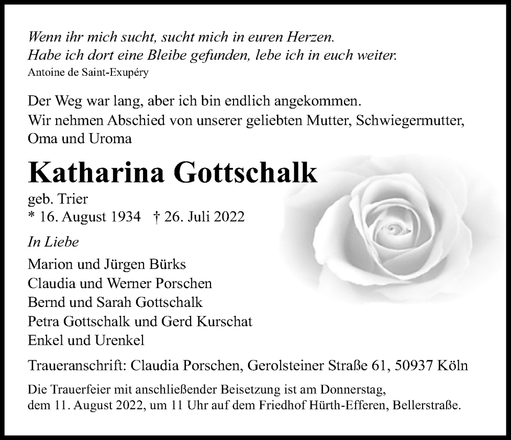  Traueranzeige für Katharina Gottschalk vom 30.07.2022 aus Kölner Stadt-Anzeiger / Kölnische Rundschau / Express