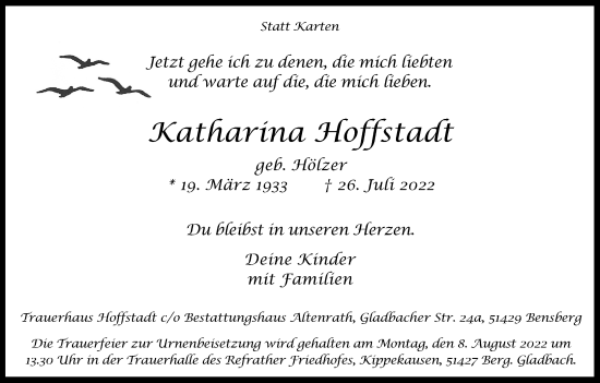 Anzeige von Katharina Hoffstadt von Kölner Stadt-Anzeiger / Kölnische Rundschau / Express