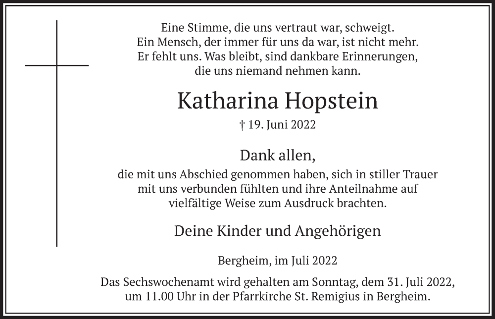  Traueranzeige für Katharina Hopstein vom 29.07.2022 aus  Werbepost 