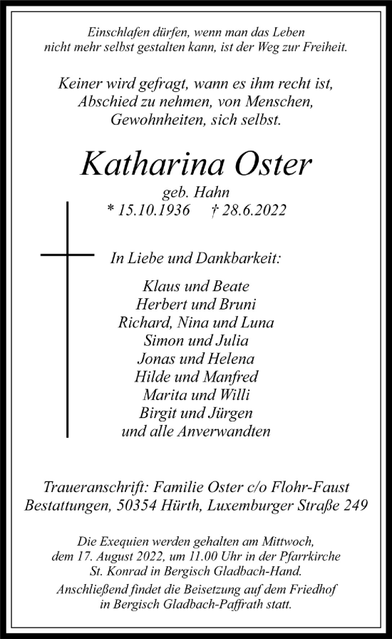 Anzeige von Katharina Oster von  Bergisches Handelsblatt 