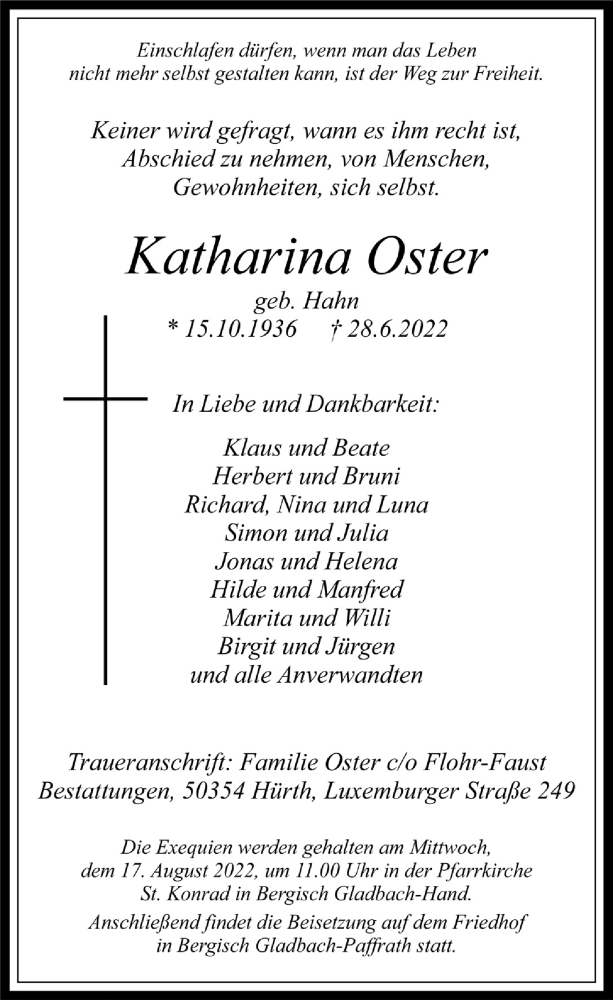 Traueranzeige für Katharina Oster vom 29.07.2022 aus  Bergisches Handelsblatt 