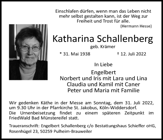 Anzeige von Katharina Schallenberg von Kölner Stadt-Anzeiger / Kölnische Rundschau / Express