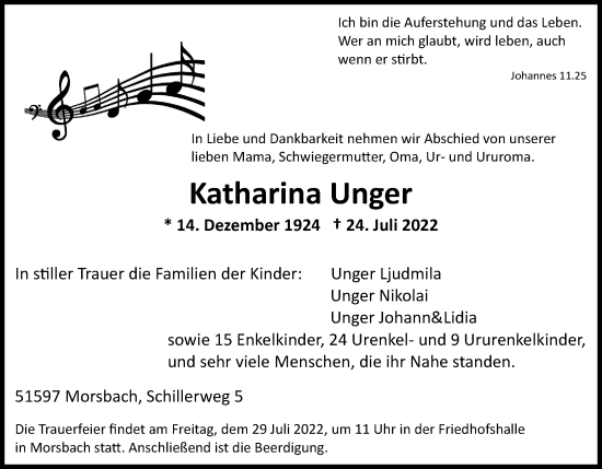 Anzeige von Katharina Unger von Kölner Stadt-Anzeiger / Kölnische Rundschau / Express