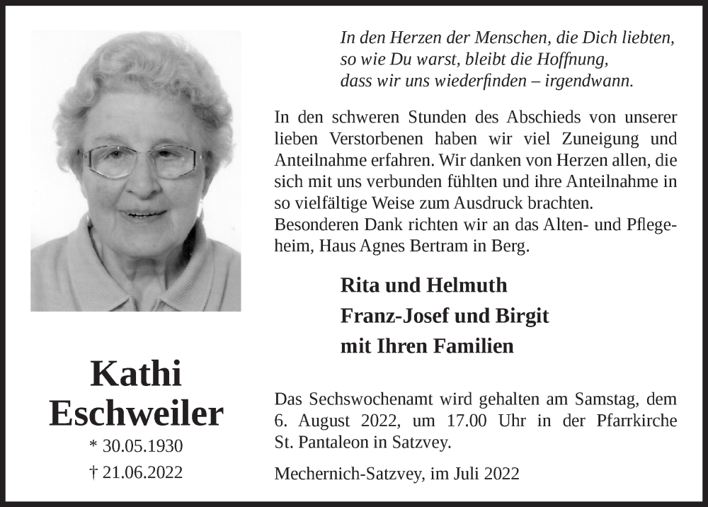  Traueranzeige für Kathi Eschweiler vom 09.07.2022 aus  Blickpunkt Euskirchen 