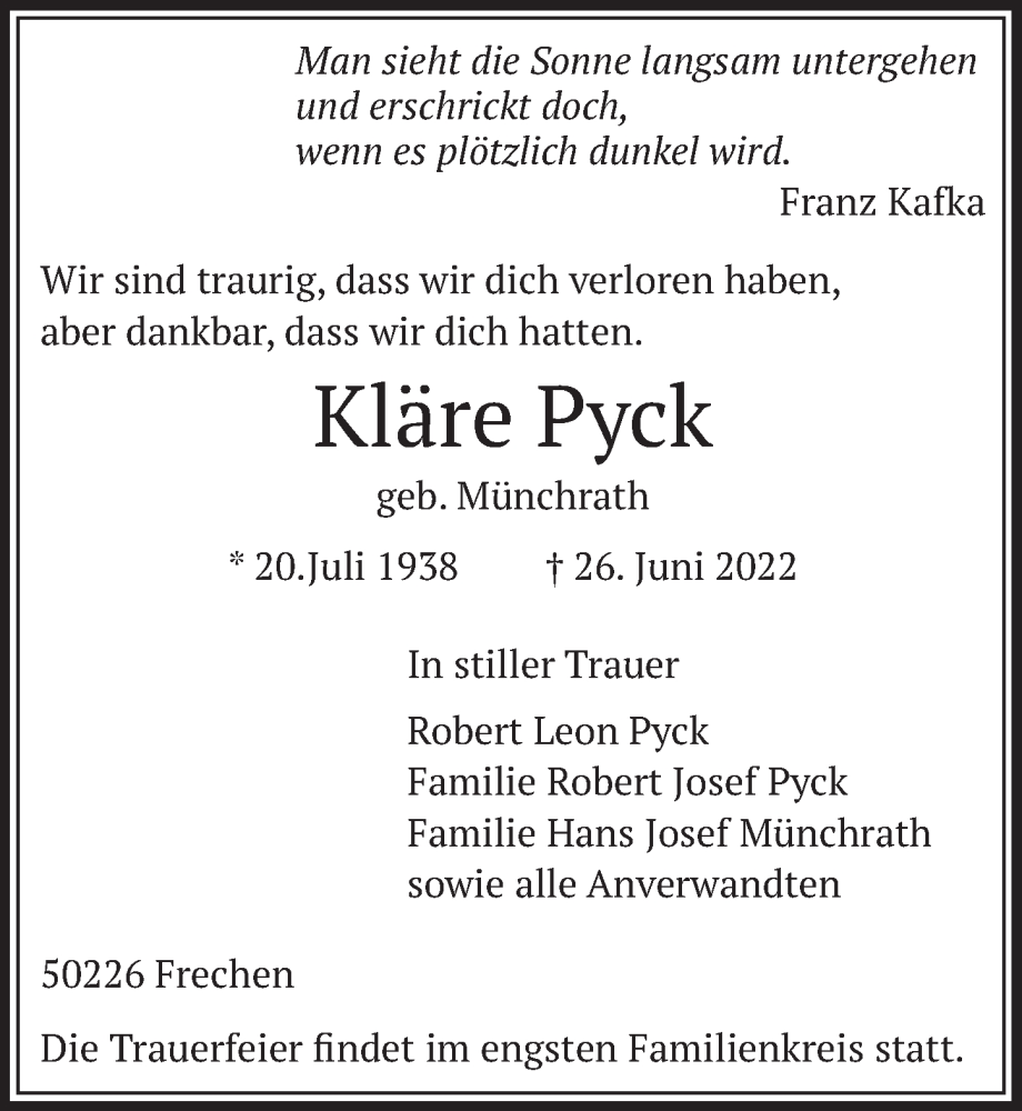  Traueranzeige für Kläre Pyck vom 08.07.2022 aus  Wochenende 