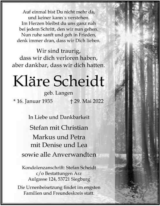 Anzeige von Kläre Scheidt von Kölner Stadt-Anzeiger / Kölnische Rundschau / Express