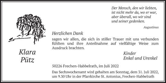 Anzeige von Klara Pütz von  Wochenende 