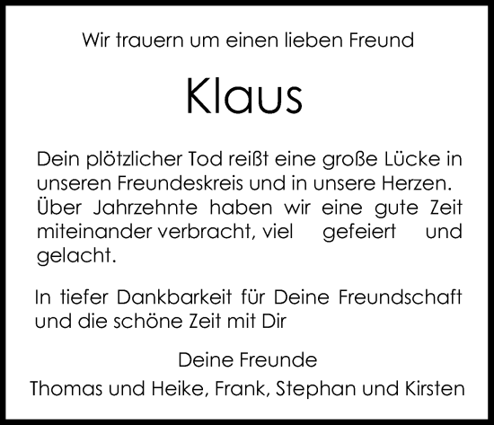 Anzeige von Klaus  von Kölner Stadt-Anzeiger / Kölnische Rundschau / Express