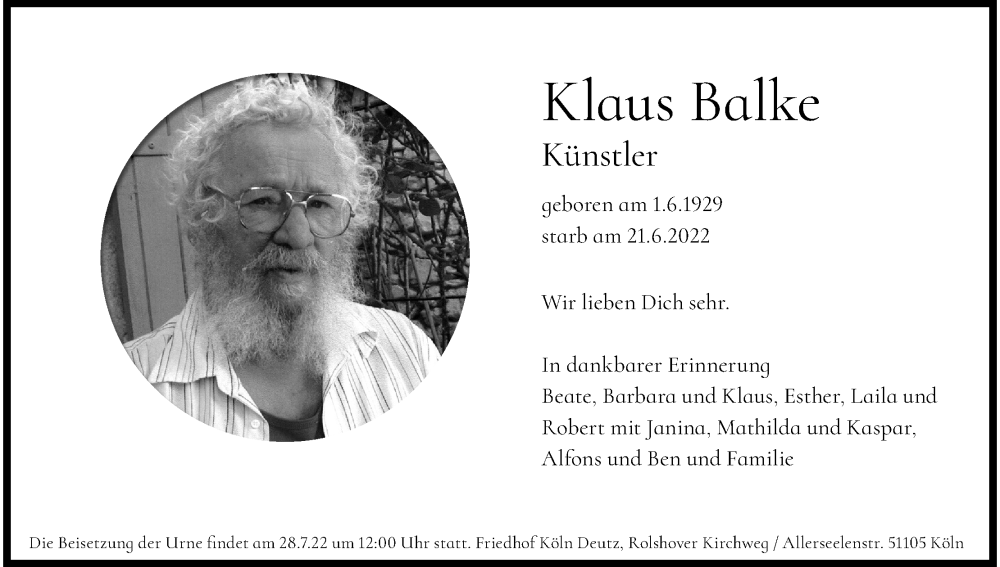  Traueranzeige für Klaus Balke vom 23.07.2022 aus Kölner Stadt-Anzeiger / Kölnische Rundschau / Express