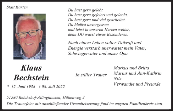 Anzeige von Klaus Bechstein von  Anzeigen Echo 