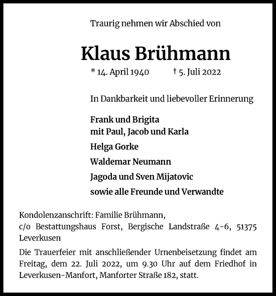 Anzeige von Klaus Brühmann von Kölner Stadt-Anzeiger / Kölnische Rundschau / Express