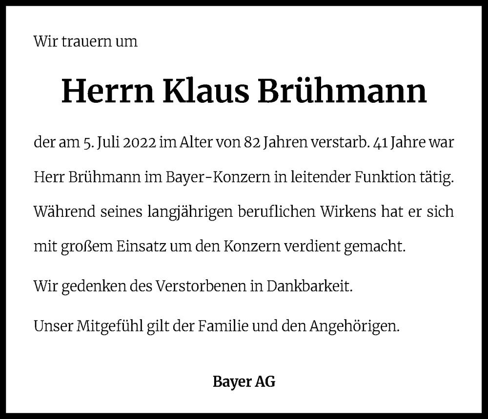  Traueranzeige für Klaus Brühmann vom 22.07.2022 aus Kölner Stadt-Anzeiger / Kölnische Rundschau / Express