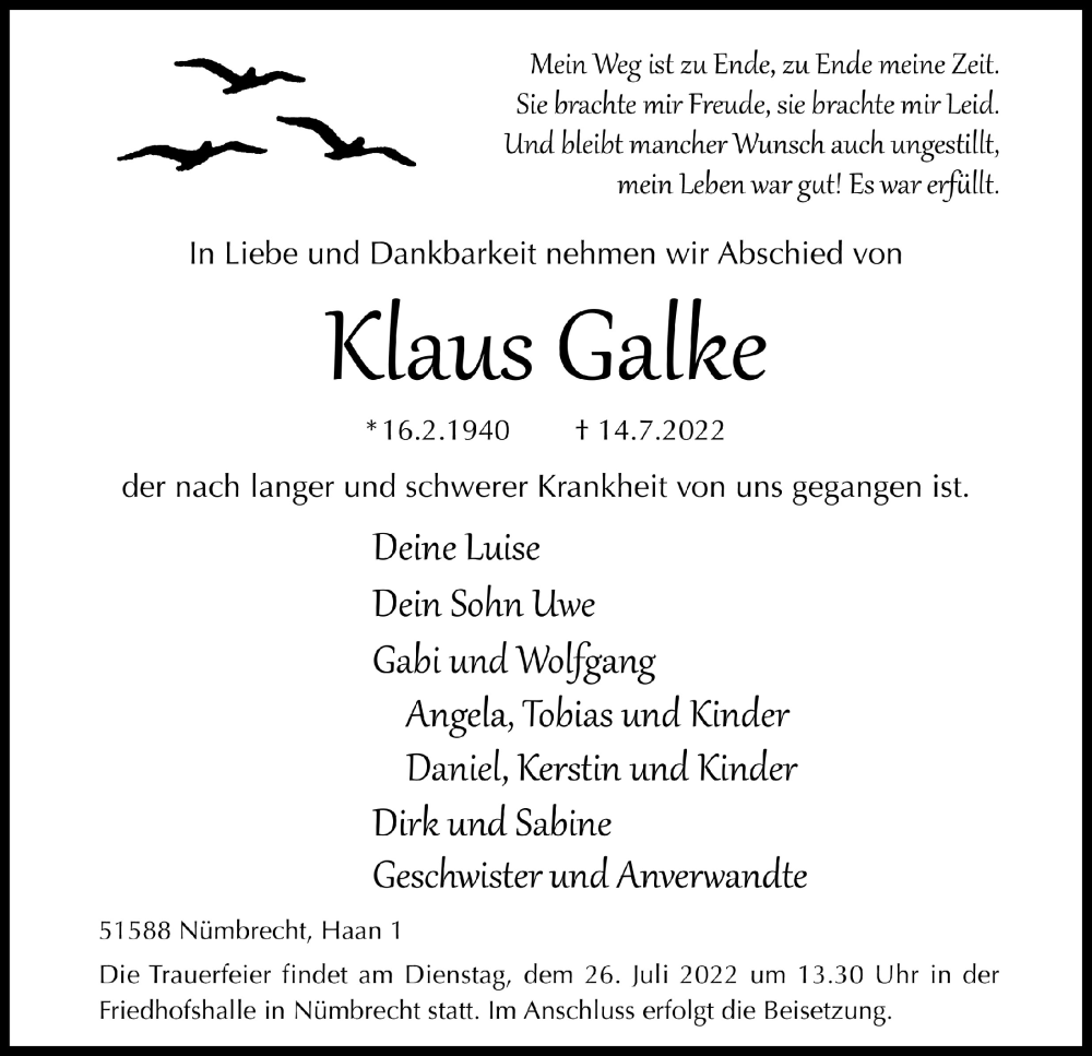  Traueranzeige für Klaus Galke vom 22.07.2022 aus  Lokalanzeiger 