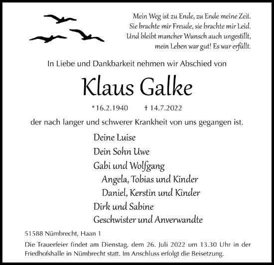 Anzeige von Klaus Galke von  Lokalanzeiger 