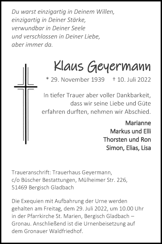 Anzeige von Klaus Geyermann von Kölner Stadt-Anzeiger / Kölnische Rundschau / Express