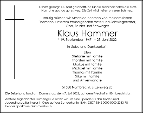 Anzeige von Klaus Hammer von  Lokalanzeiger 