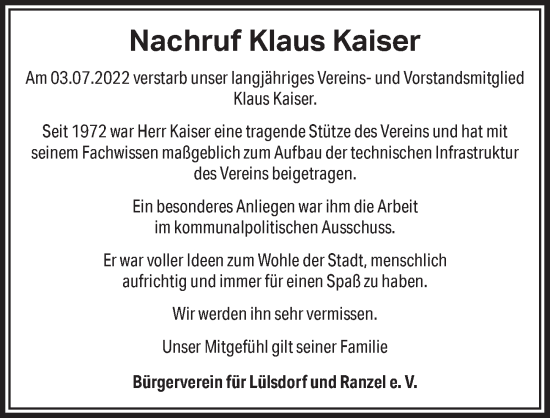 Anzeige von Klaus Kaiser von  Extra Blatt 