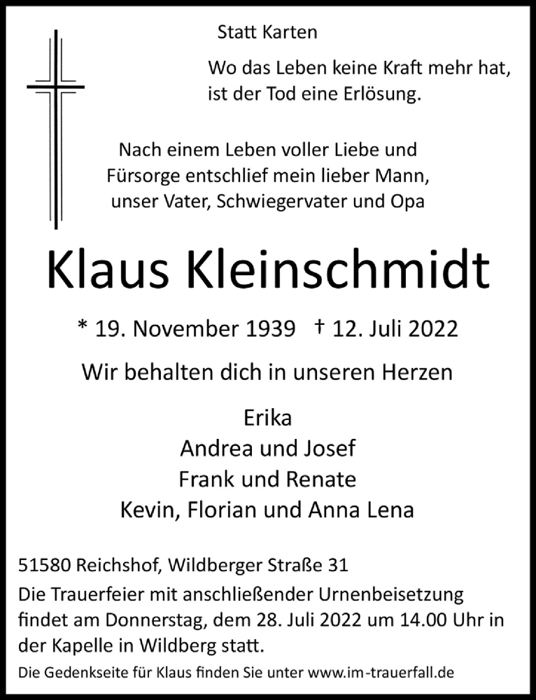  Traueranzeige für Klaus Kleinschmidt vom 15.07.2022 aus  Lokalanzeiger 
