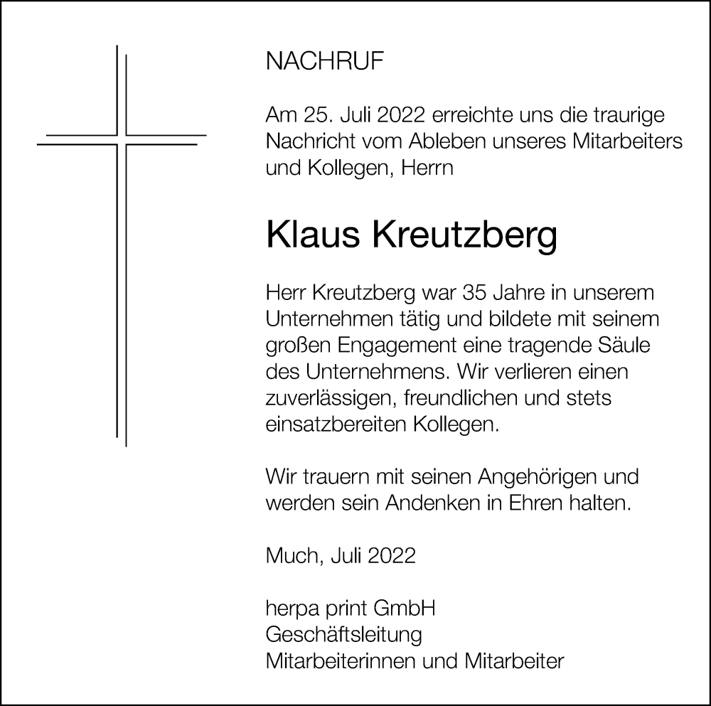  Traueranzeige für Klaus Kreutzberg vom 30.07.2022 aus Kölner Stadt-Anzeiger / Kölnische Rundschau / Express