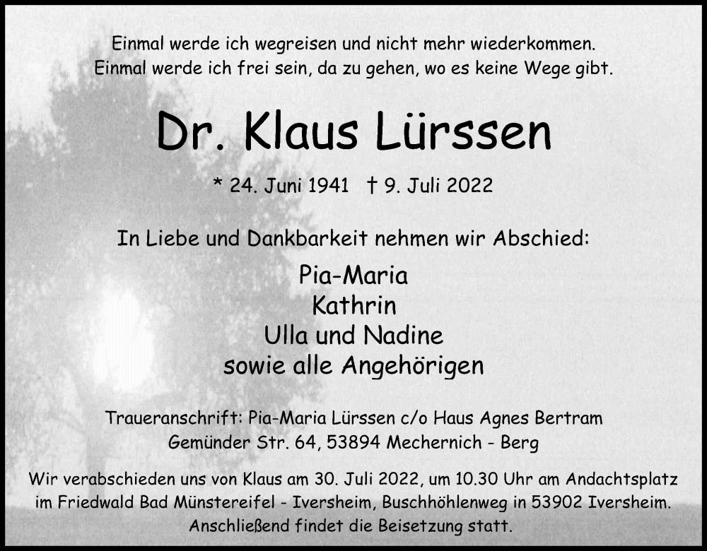  Traueranzeige für Klaus Lürssen vom 25.07.2022 aus Kölner Stadt-Anzeiger / Kölnische Rundschau / Express