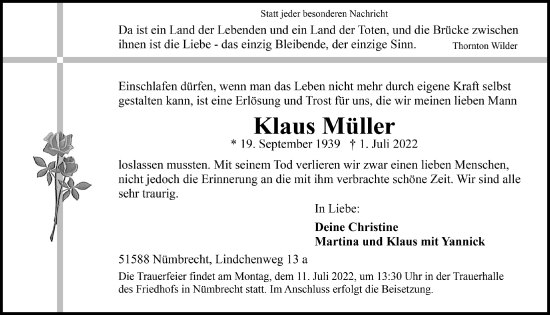 Anzeige von Klaus Müller von  Lokalanzeiger 