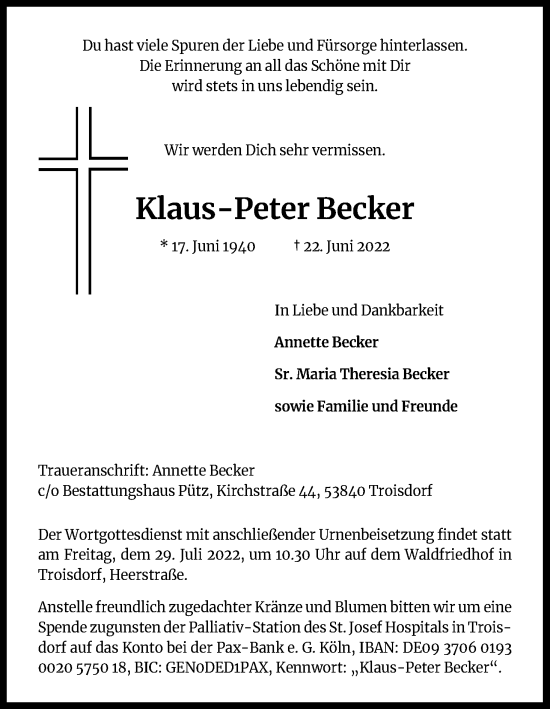 Anzeige von Klaus-Peter Becker von Kölner Stadt-Anzeiger / Kölnische Rundschau / Express
