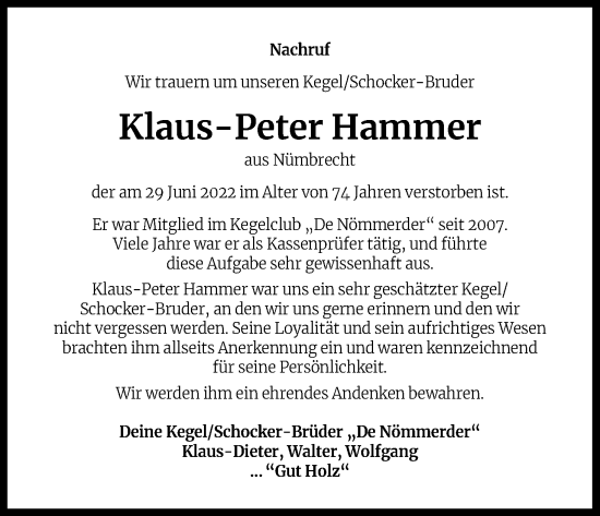 Anzeige von Klaus-Peter Hammer von Kölner Stadt-Anzeiger / Kölnische Rundschau / Express
