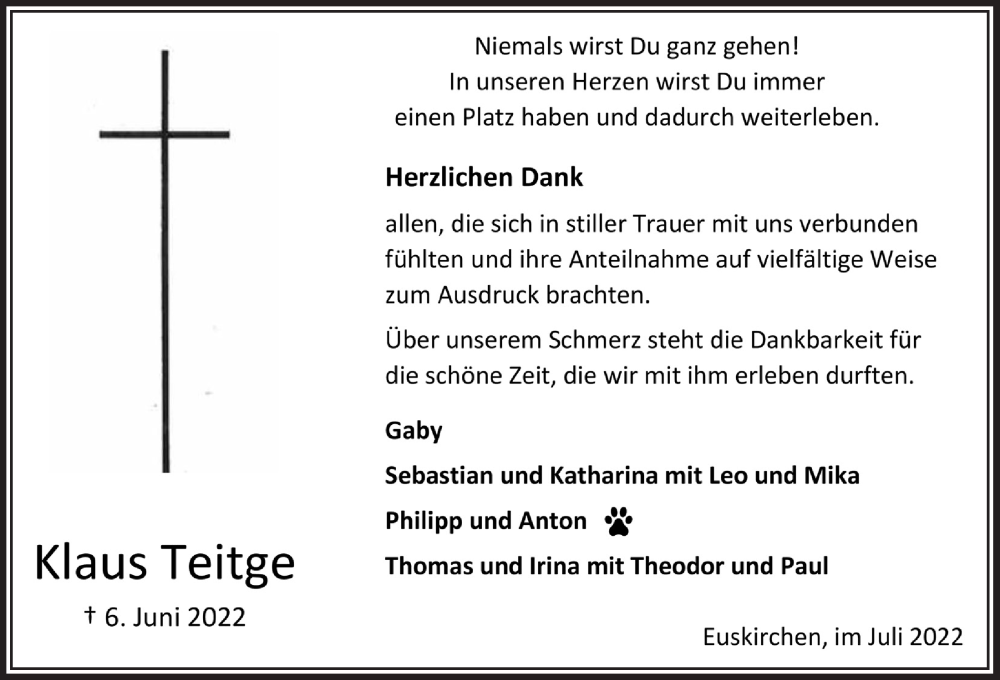  Traueranzeige für Klaus Teitge vom 16.07.2022 aus  Blickpunkt Euskirchen 