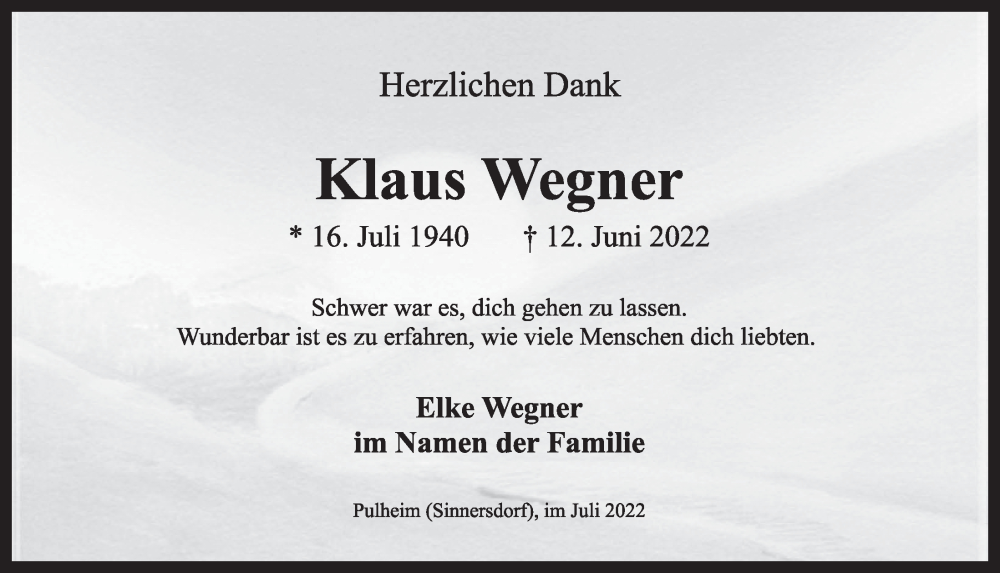  Traueranzeige für Klaus Wegner vom 08.07.2022 aus  Wochenende 