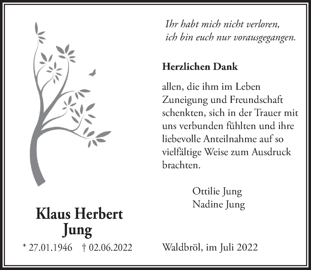  Traueranzeige für Klaus Herbert Jung vom 15.07.2022 aus  Lokalanzeiger 
