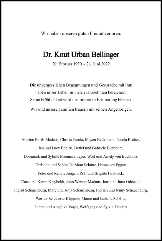 Anzeige von Knut Urban Bellinger von Kölner Stadt-Anzeiger / Kölnische Rundschau / Express