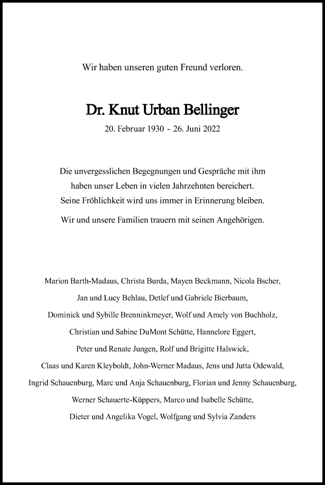  Traueranzeige für Knut Urban Bellinger vom 01.07.2022 aus Kölner Stadt-Anzeiger / Kölnische Rundschau / Express