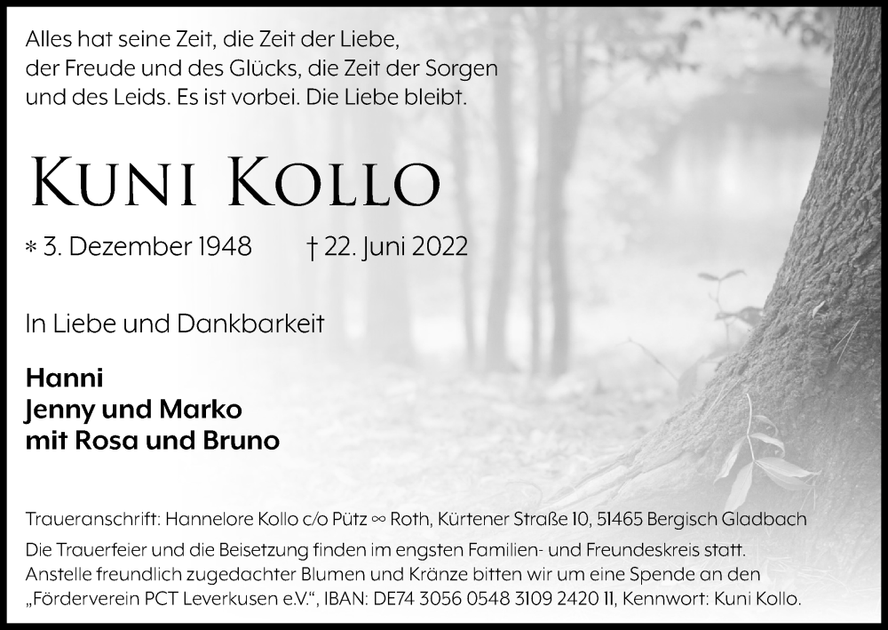  Traueranzeige für Kuni Kollo vom 02.07.2022 aus Kölner Stadt-Anzeiger / Kölnische Rundschau / Express
