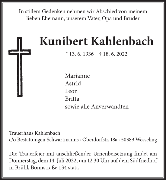 Anzeige von Kunibert Kahlenbach von  Schlossbote/Werbekurier 