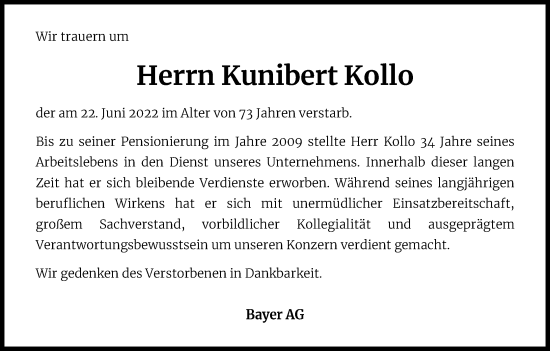 Anzeige von Kunibert Kollo von Kölner Stadt-Anzeiger / Kölnische Rundschau / Express