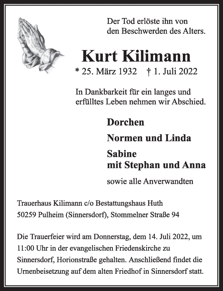  Traueranzeige für Kurt Kilimann vom 08.07.2022 aus  Wochenende 