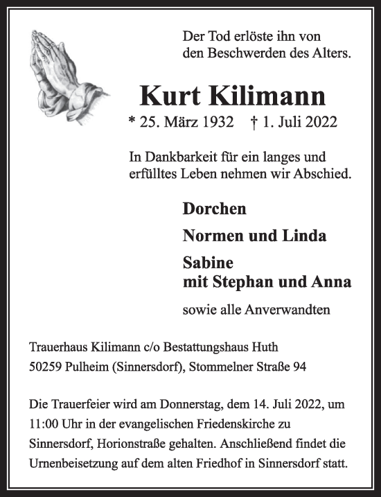 Anzeige von Kurt Kilimann von  Wochenende 