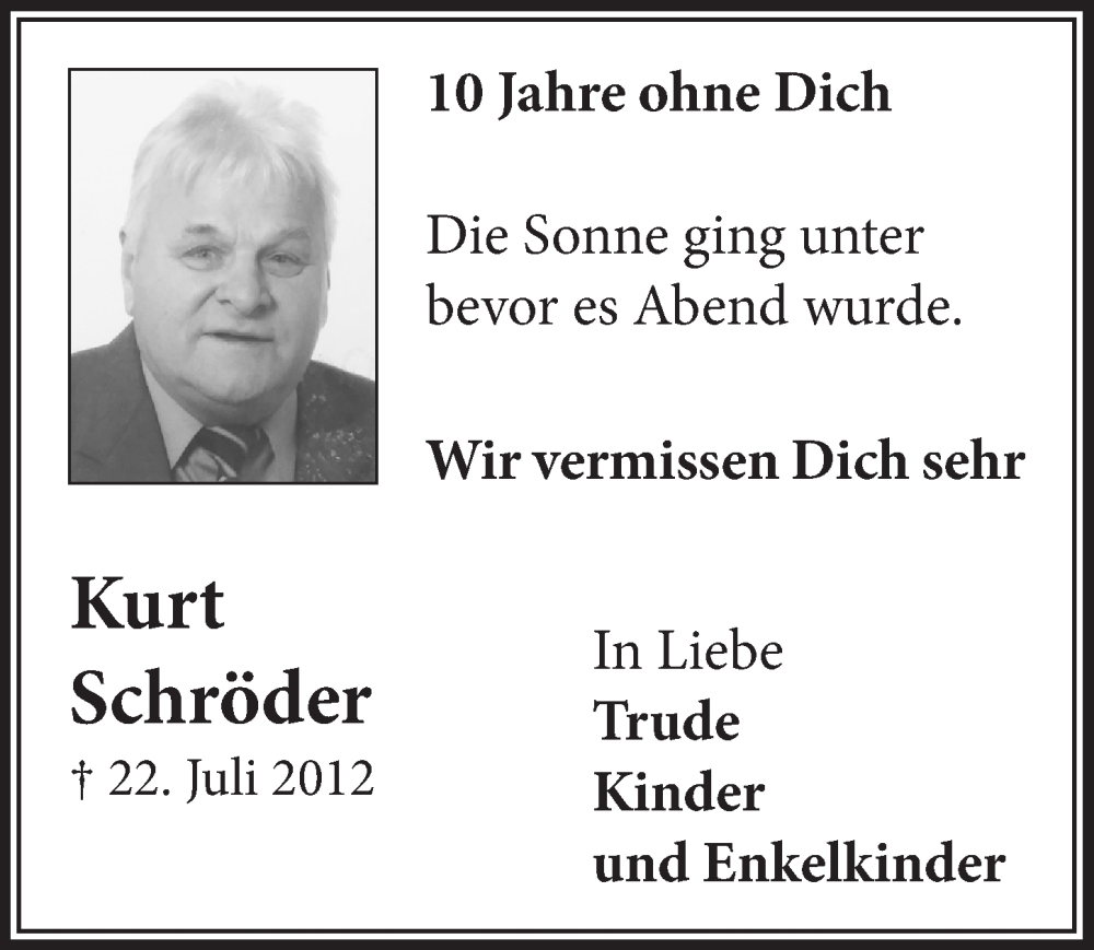 Traueranzeige für Kurt Schröder vom 23.07.2022 aus  Blickpunkt Euskirchen 