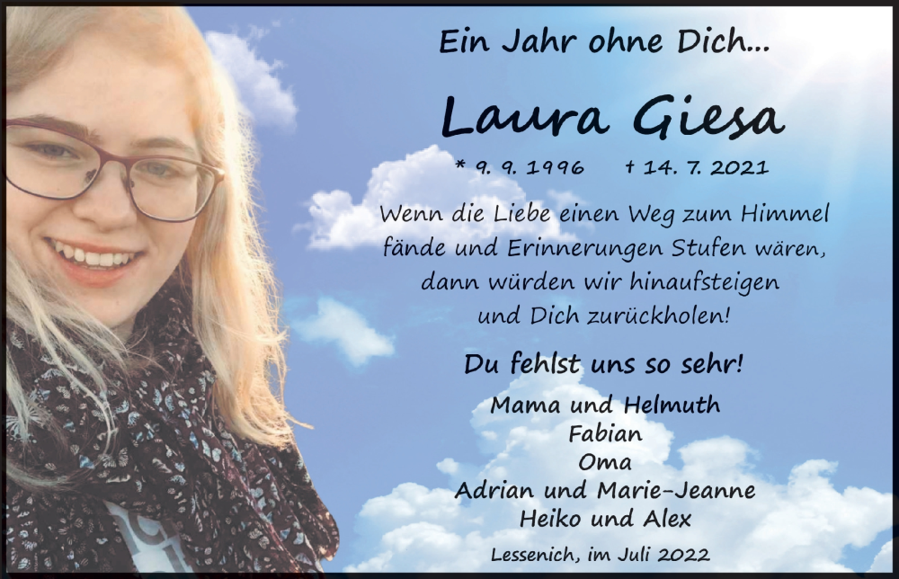 Traueranzeige für Laura Giesa vom 18.07.2023 aus  Blickpunkt Euskirchen 